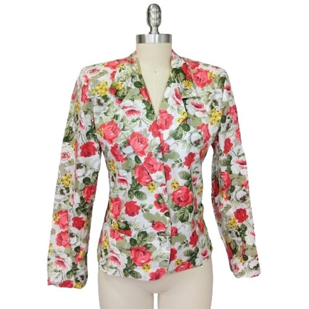 Judy Knapp Vintage Floral Print Blazer Size S M Cabbage Rose Cottage Grandma
